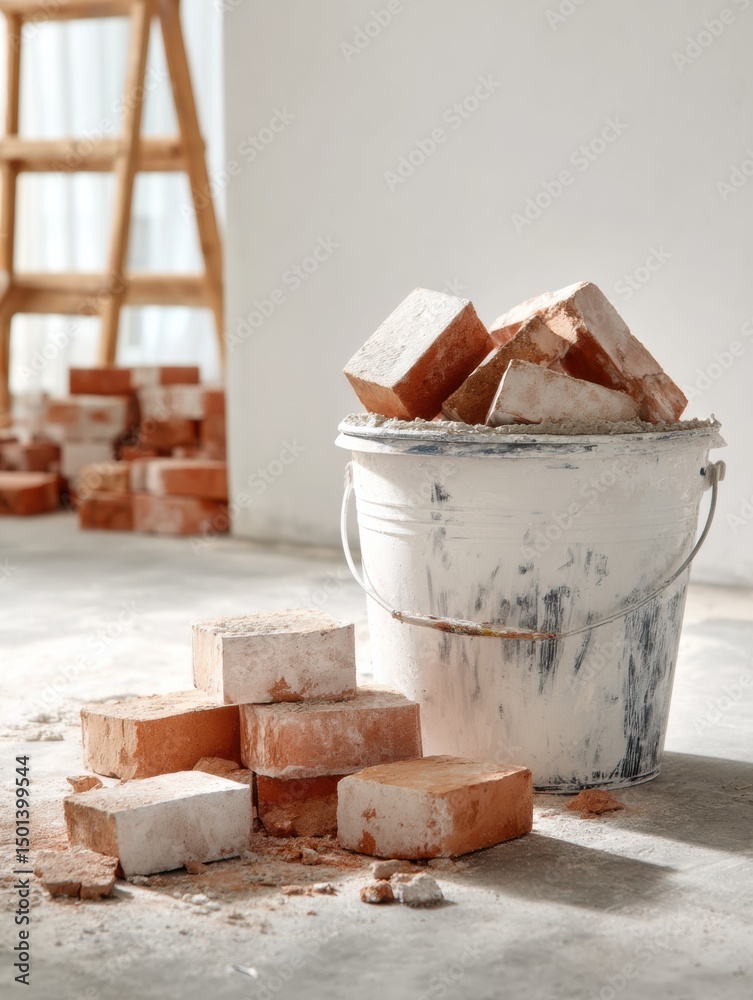 Poster Construction Floor With Bricks and Mortar Bucket Showcasing the Building Process and Tools at Work in a Renovation Project
