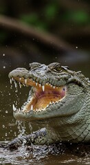 Obraz premium Crocodiles open mouth reveals formidable teeth