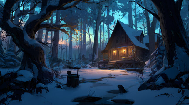 Winter landscape with cozy rural house and well tube with backet in forest with trees and ground covered with snow. Cartoon vector cold season country scenery of snowy woodland with cottage.