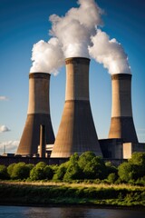 Industrial scene with multiple cooling towers emitting smoke, suitable for use in images about industry, environment, or infrastructure