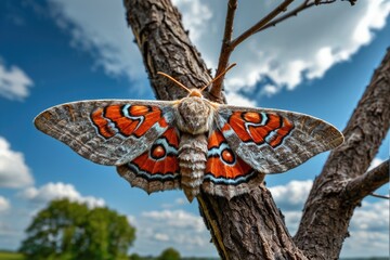 Close-up of a moth resting on a tree branch under a bright blue sky