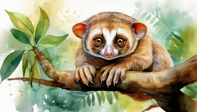 Nachtaktiver Loris mit gro&szlig;en Augen &ndash; Aquarell-Tierportr&auml;t
