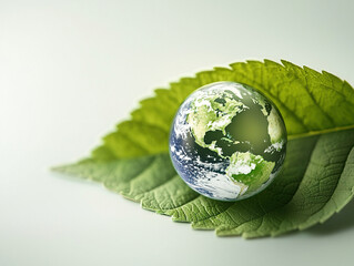 Green leaf with Earth embedded inside, symbolizing global environmental protection and sustainable practices, emphasizing corporate responsibility in eco-friendly product development.