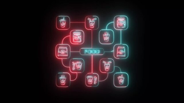 Food mind map icon animation with glowing neon lines in cyan and red colors.
