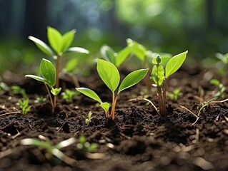 "Green Seedlings Growing in Rich Soil with Sunlight in Nature Garden"