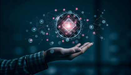 Woman hand holding global network connection. Internet communication, Wireless connection technology. Futuristic technology with polygonal shapes. Metaverse Technology concepts.