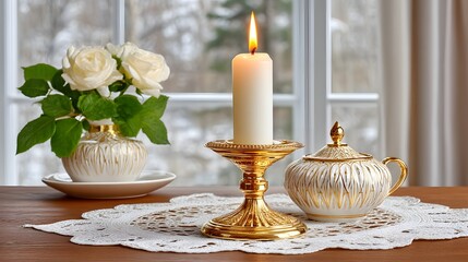 Obraz premium Serene Still Life White Roses Burning Candle Gold Candle Holder and Elegant Sugar Bowl
