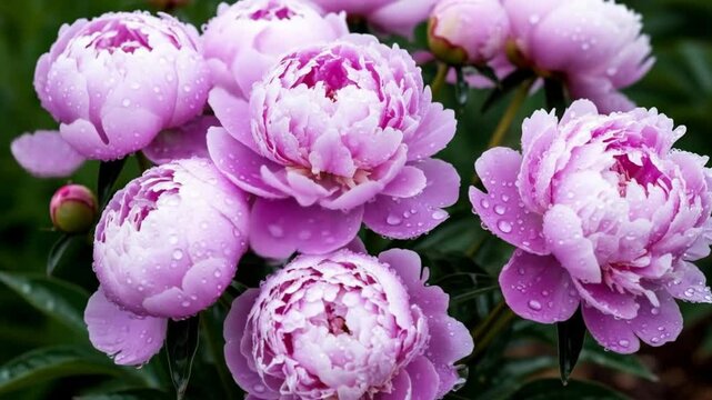 Pink peonies blooming with raindrops in a lush garden setting  