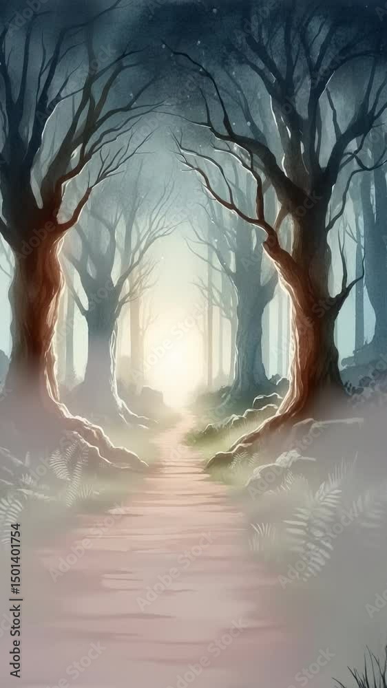 Poster minimalist watercolor illustration of enchanted forest pathway with mysterious light and ancient tre