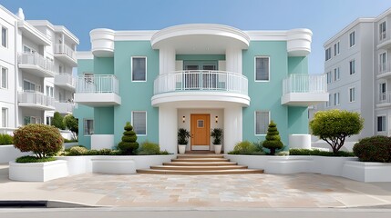 Fototapeta premium Stunning Teal Modern House Exterior with White Accents and Landscaped Garden