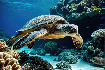 Fototapeta premium A turtle swims over a colorful coral reef in the ocean