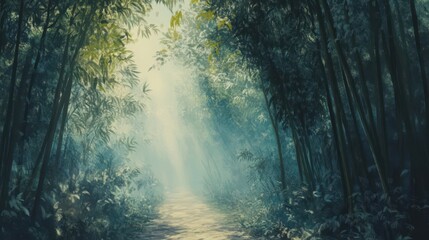 Bamboo forest path with morning mist, calming and natural
