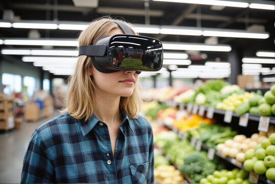 Virtual Reality Grocery Experience – Young Woman with VR Headset in Produce Aisle for Unified Shopping Experience, E-Commerce Innovation, and Retail Technology Presentations