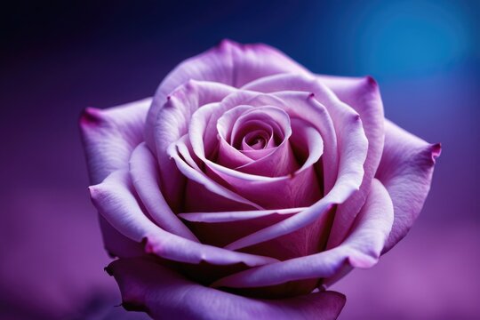 A close-up shot of a pink rose sitting on a purple background