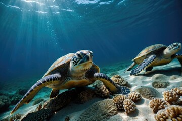Obraz premium Two green sea turtles swimming in the ocean
