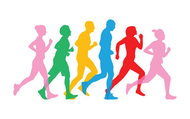 Walking marathon, people run, colorful poster. Vector illustration background silhouette