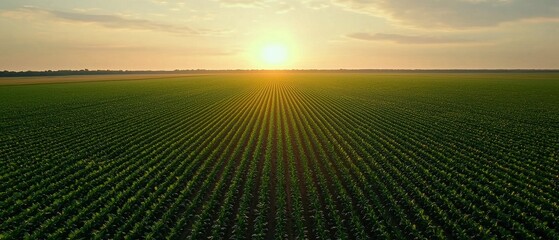 Green crop field during golden sunset