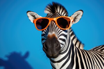 A close-up view of a zebra wearing trendy sunglasses, highlighting its unique facial features