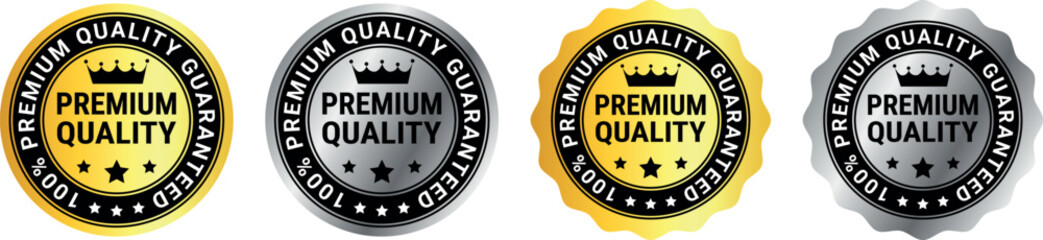 Four premium quality badges in gold, black, silver, and metallic colors with crown and stars	