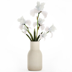 3D illustration Beautiful Bouquet In Glass Vase With Flowers Iris isolated on white background