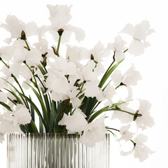 3D illustration Beautiful Bouquet In Glass Vase With Flowers Iris isolated on white background