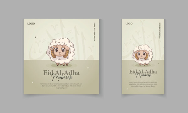 Eid Al Adha mubarak social media post with cute sheep, Arabic calligraphy, lantern, and stars Vector