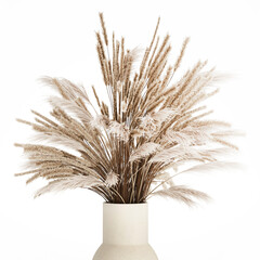 3D illustration Floral white bouquet of dried flowers with branches of cortaderia pampas