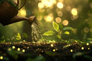 Watering can waters small plant