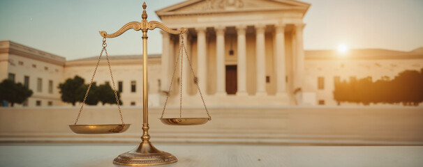 Scales of Justice with Classical Courthouse - Golden Balance Symbol Against Neoclassical Legal Building for Justice Day Celebrations, Law Offices, and Courthouse Representations