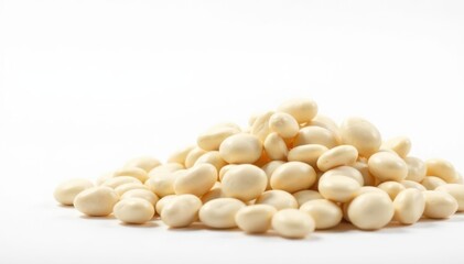 Pile of white beans against a stark white backdrop, white, close-up, photography