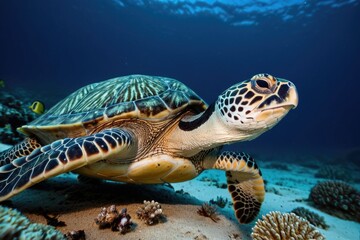 Fototapeta premium A turtle swims in the ocean near coral reefs, a great shot for underwater or conservation-themed projects
