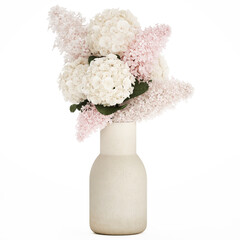 3D illustration Beautiful white bouquet vase branches of hydrangea lilac isolated on white background