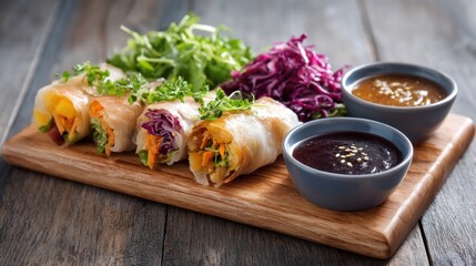 Fresh vietnamese spring rolls with crunchy vegetables and dipping sauces on wooden board