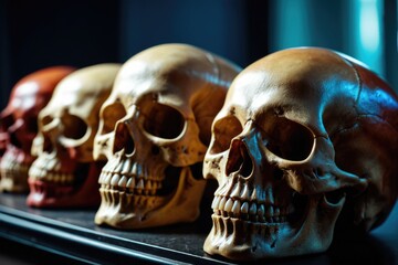 A collection of human skulls arranged on a flat surface, possibly for decorative or ritualistic purposes