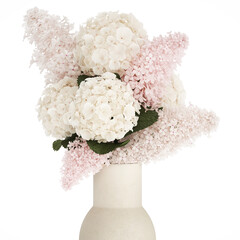 3D illustration Beautiful white bouquet vase branches of hydrangea lilac isolated on white background