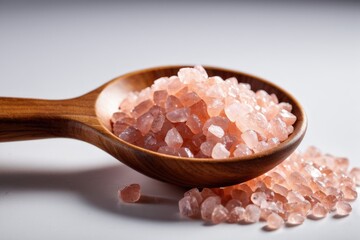 Wooden spoon filled with pink crystals on a white surface