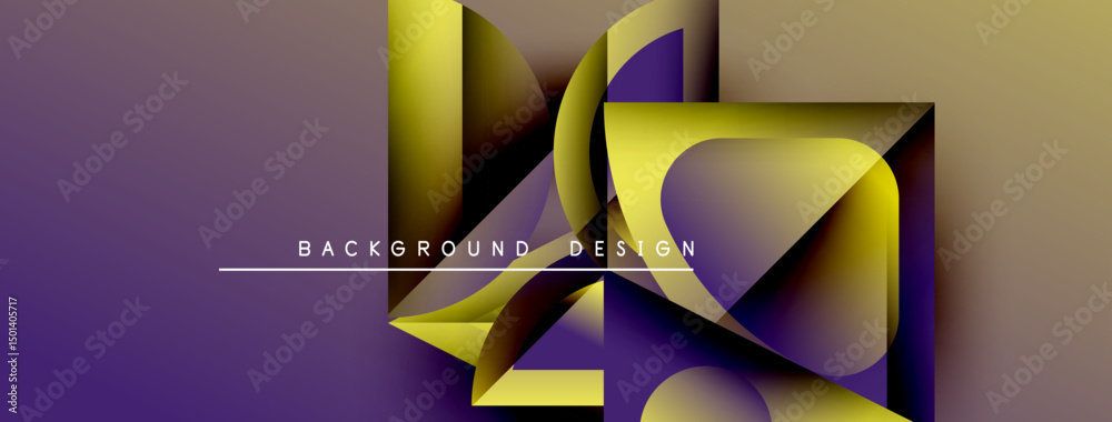 Poster Abstract geometric shapes overlap, creating dynamic purple, gold gradient. Text reads background design. Minimalist composition, modern aesthetic.