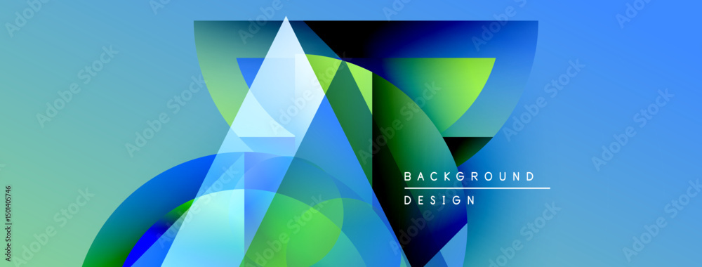 Fototapete Abstract geometric shapes overlap, creating vibrant blue, green gradients. Text reads background design in white. Modern visual composition.