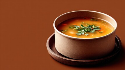 Bright vegetable soup in minimalist round bowl with rustic wooden plate for healthy eating concepts