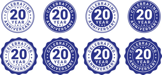Set of eight blue celebrating 20 year anniversary badges in round shapes with stars, used for milestone and achievement branding	