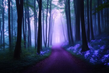 Obraz premium Foggy forest path with purple flowers