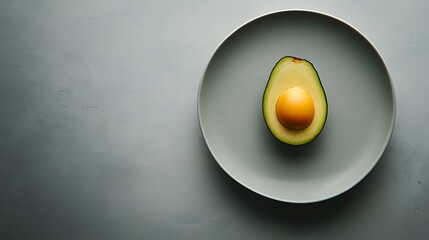 Half of an avocado on a white plate