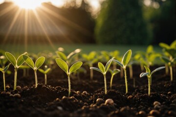 Freshly sprouted young plants growing from the ground