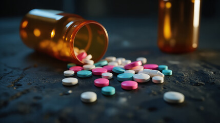 Prescription Drug Abuse Concept – Colorful Pills Spilled from Medicine Bottle on Dark Background for Trafficking Education and Substance Abuse Prevention Awareness