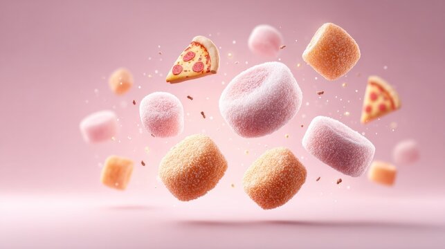 Midair collision of sushi rolls and pizza slices in abstract space for creative culinary design