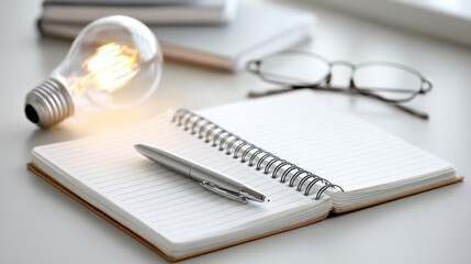 Cozy workspace setup with open journal, pen, and eyeglasses in soft warm lighting for writing inspiration and relaxed atmosphere