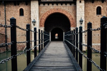 A wooden bridge stretches across the surface of calm water