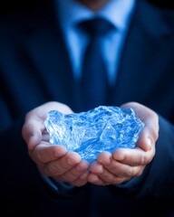 Businessman Holding a Large Piece of Transparent Ice in Hands against a Dark Background