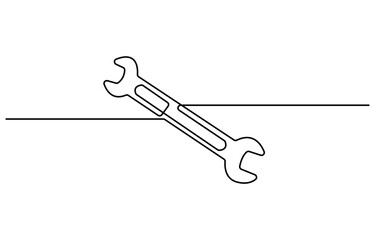 One mechanical wrench for nuts drawn in one continuous line black color isolated on white background. Style of self drawing, Adjustable wrench continuous single line drawing vector illustration, pro.