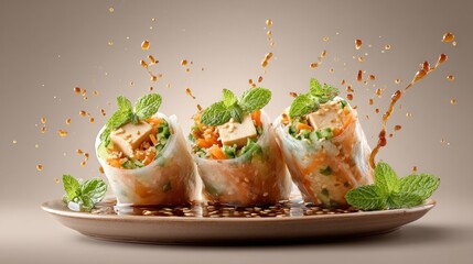Fresh spring rolls with tofu, carrots, and mint on plate with sauce splash for culinary art and recipe inspiration